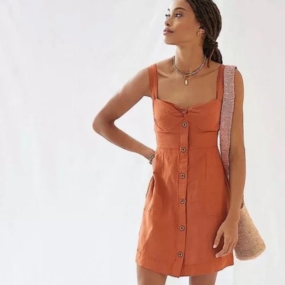 Anthropologie Maeve Twist-Front Linen Blend Mini Dress in Burnt Orange Sz L - Picture 1 of 9